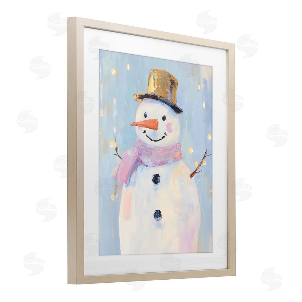 The Prints Vibe Cheerful Pastel Snowman Brown Framed Print Under Glass with Matting Wall Art