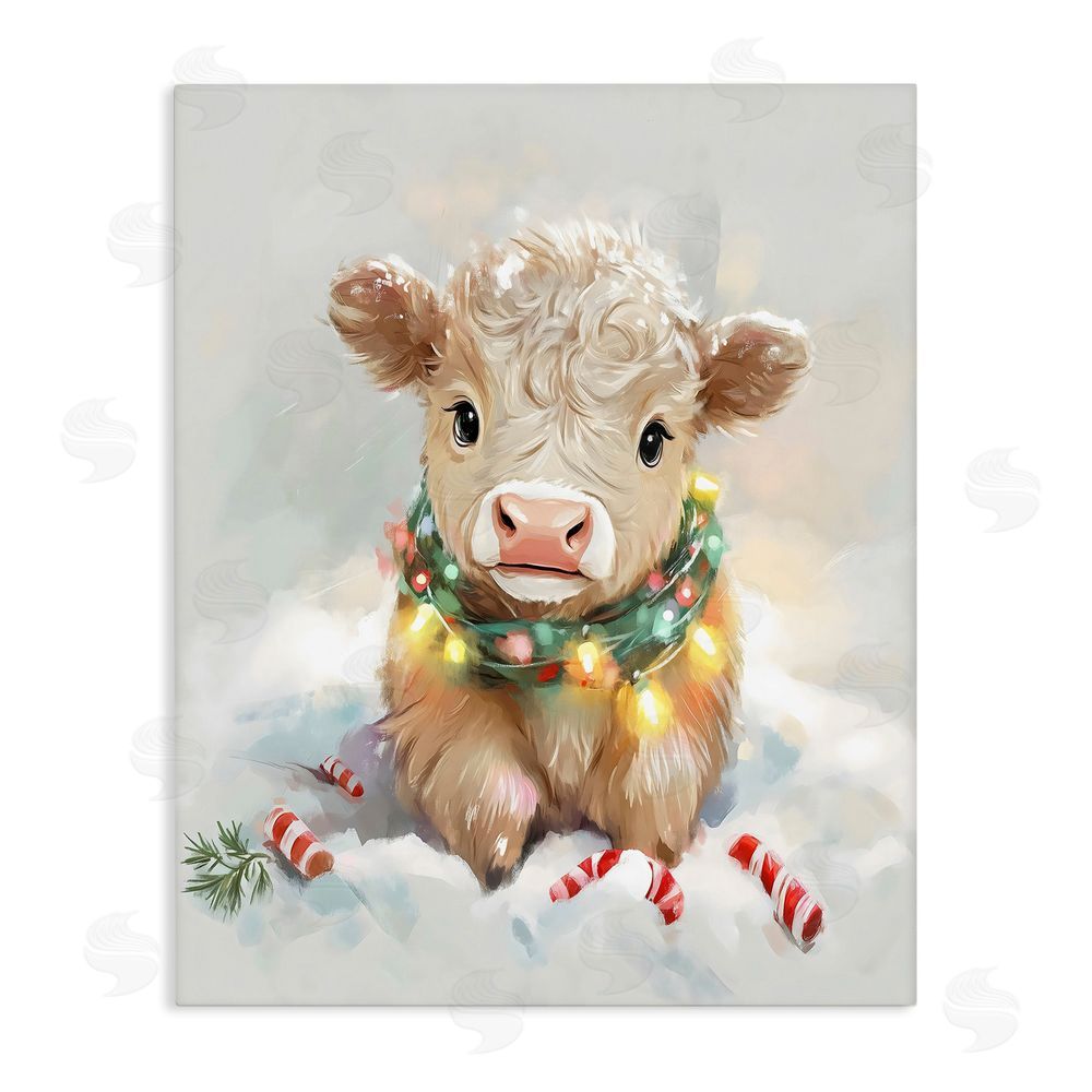 The Prints Vibe Christmas Highland Cow with Lights Stretched Canvas Wall Art Print