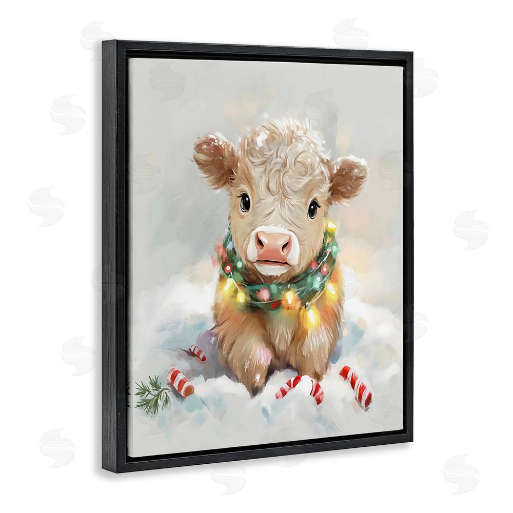 The Prints Vibe Christmas Highland Cow with Lights Black Floating Frame Canvas Wall Art Print
