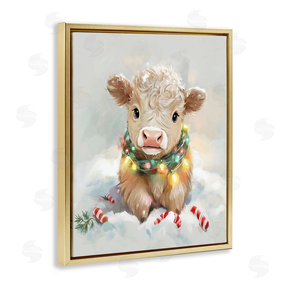 The Prints Vibe Christmas Highland Cow with Lights Gold Floating Frame Canvas Wall Art Print