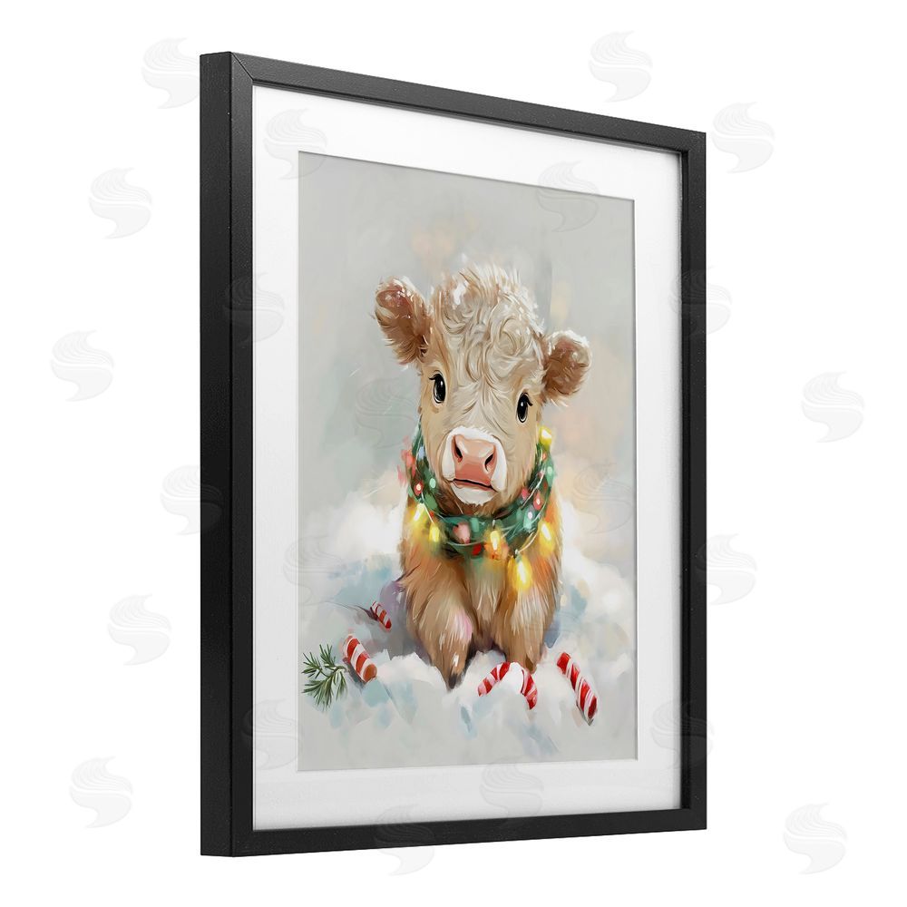 The Prints Vibe Christmas Highland Cow with Lights Black Framed Print Under Glass Wall Art