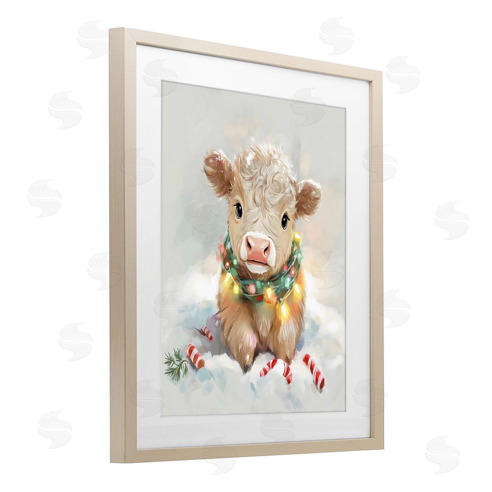 The Prints Vibe Christmas Highland Cow with Lights Brown Framed Print Under Glass Wall Art