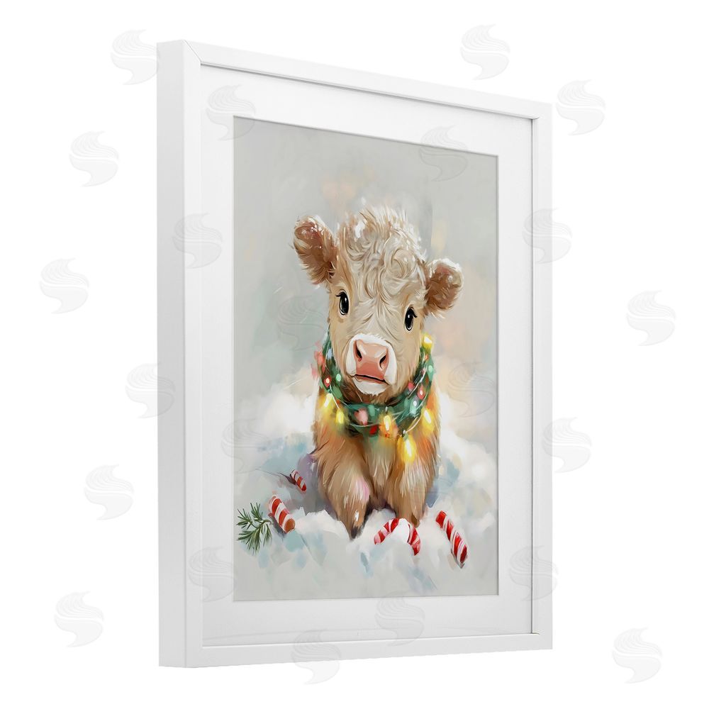 The Prints Vibe Christmas Highland Cow with Lights White Framed Print Under Glass Wall Art