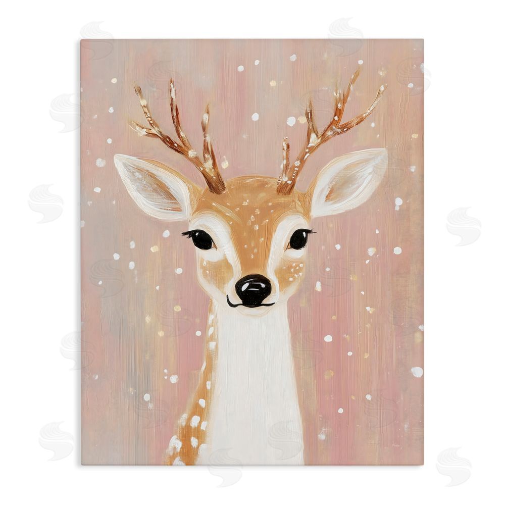 The Prints Vibe Blush Pink Deer with Snowflakes Stretched Canvas Wall Art Print