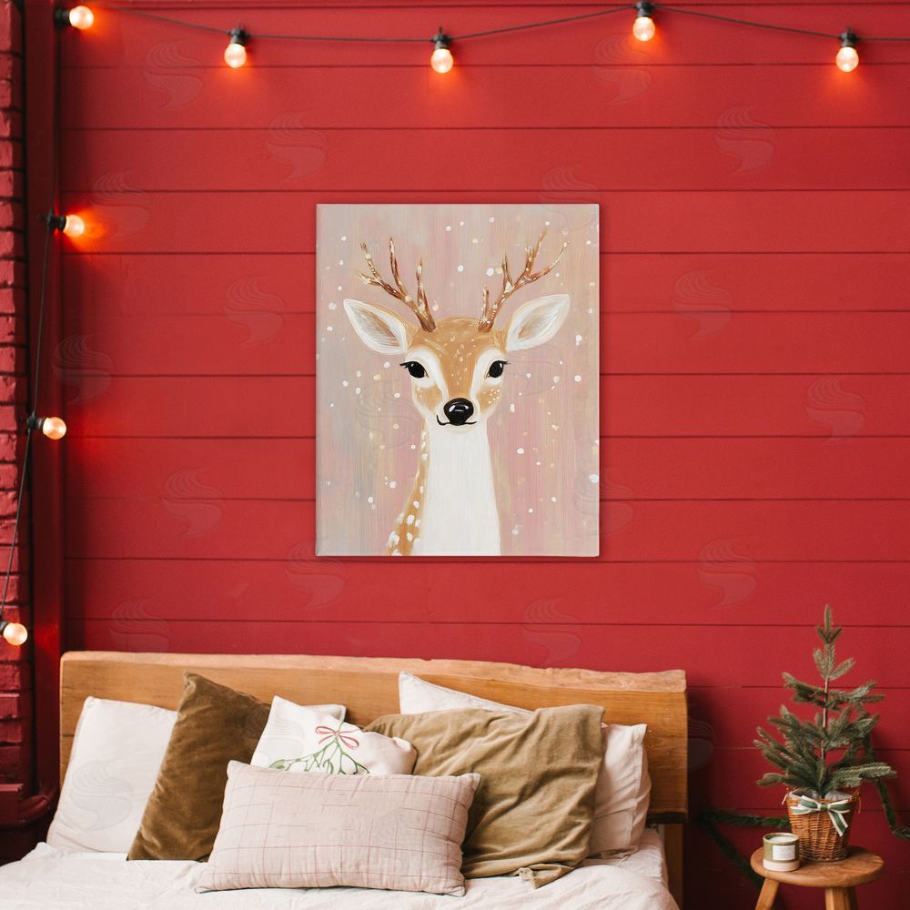 The Prints Vibe Blush Pink Deer with Snowflakes Stretched Canvas Wall Art Print in Room