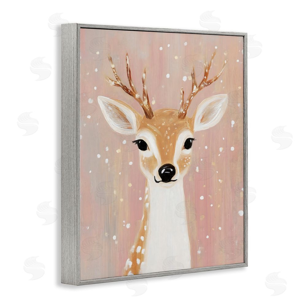 The Prints Vibe Blush Pink Deer with Snowflakes Gray Framed Giclee Wall Art Print