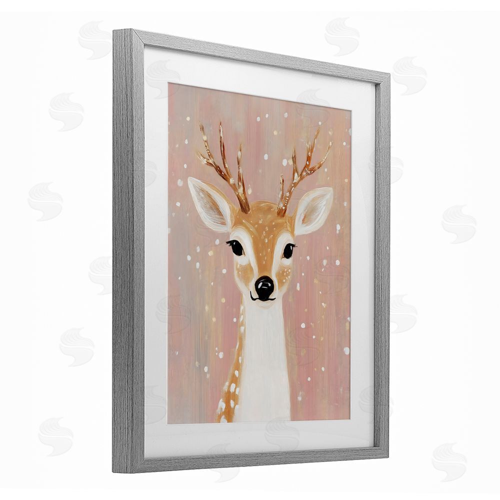 The Prints Vibe Blush Pink Deer with Snowflakes Gray Framed Print Under Glass with Matting Wall Art