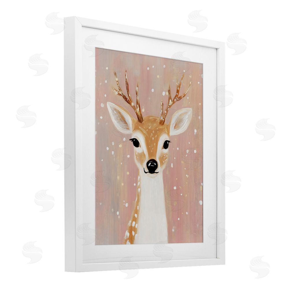The Prints Vibe Blush Pink Deer with Snowflakes White Framed Print Under Glass with Matting Wall Art