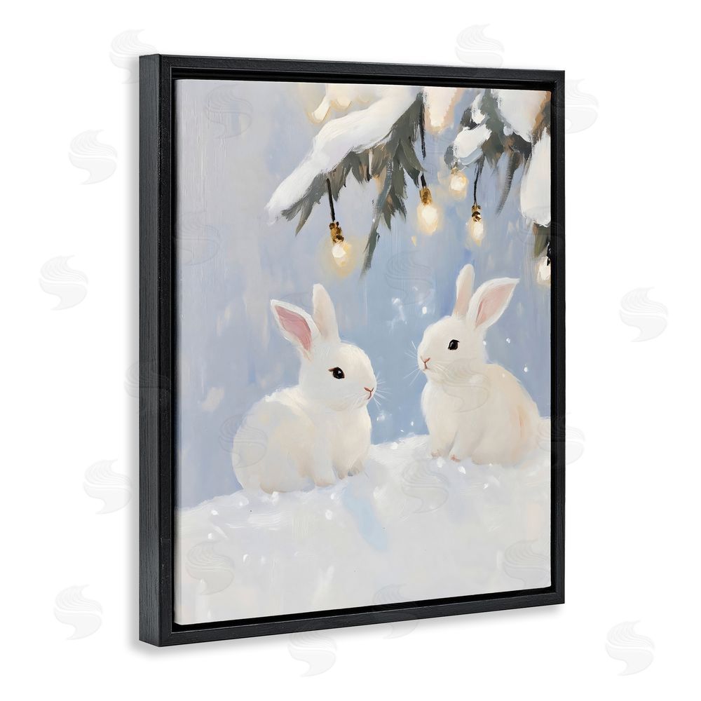The Prints Vibe Winter Bunnies Under Twinkling Lights Black Floating Framed Canvas Wall Art Print