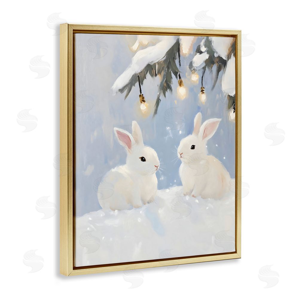The Prints Vibe Winter Bunnies Under Twinkling Lights Gold Floating Framed Canvas Wall Art Print