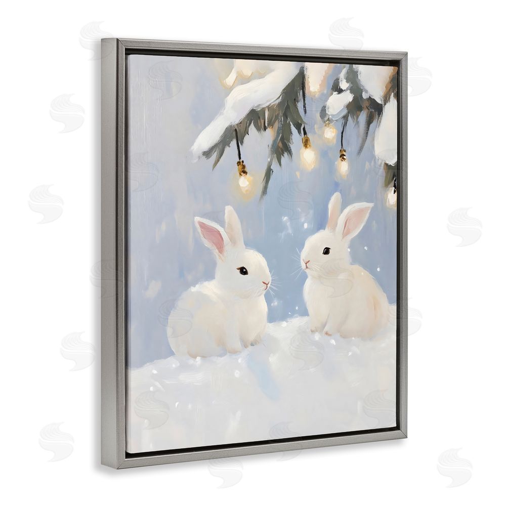 The Prints Vibe Winter Bunnies Under Twinkling Lights Gray Floating Framed Canvas Wall Art Print