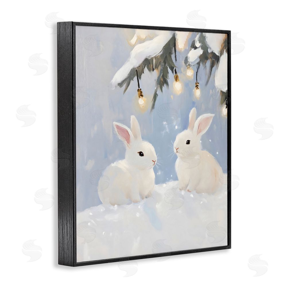 The Prints Vibe Winter Bunnies Under Twinkling Lights Black Framed Giclee Wall Art Print