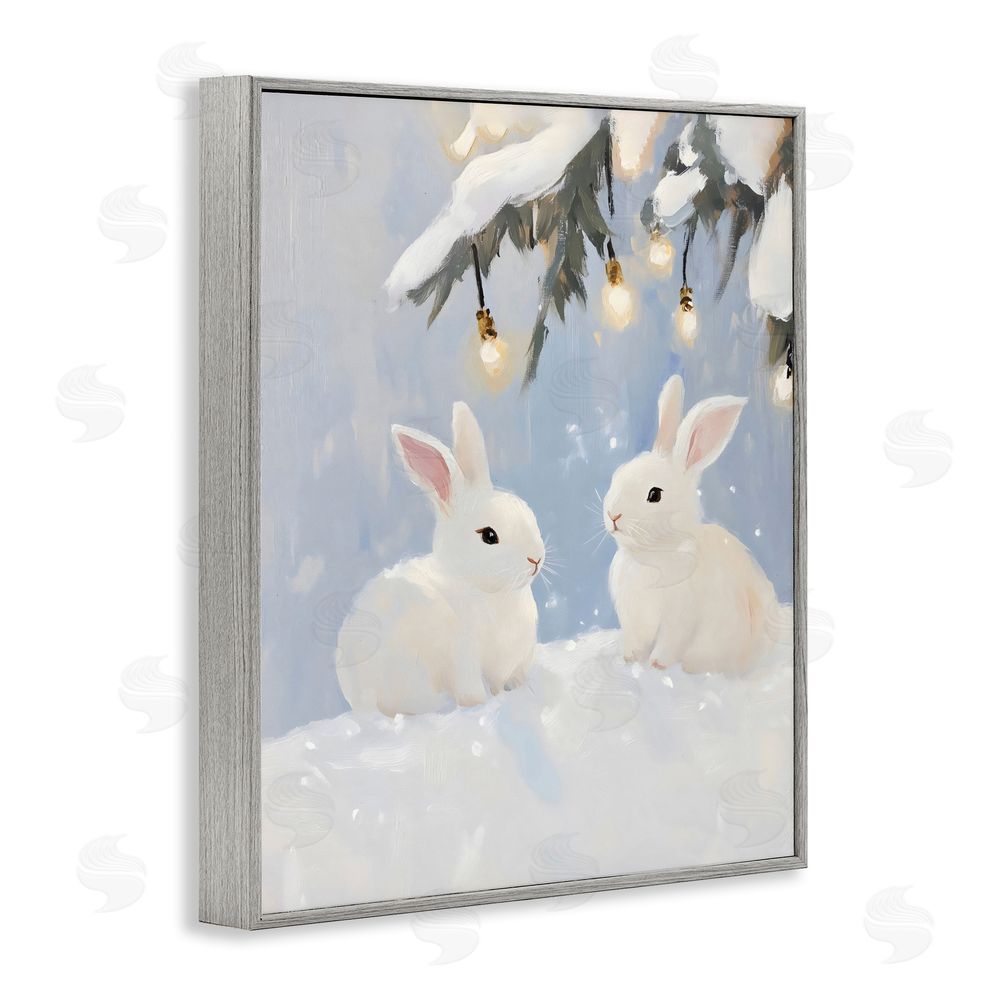 The Prints Vibe Winter Bunnies Under Twinkling Lights Gray Framed Giclee Wall Art Print