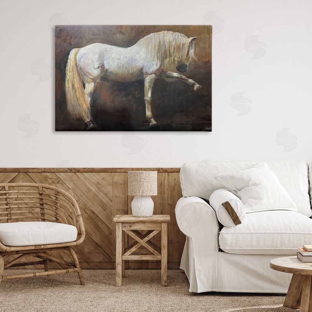 Hilary McCarthy Elegant White Stallion in Motion Stretched Canvas Wall Art in Room