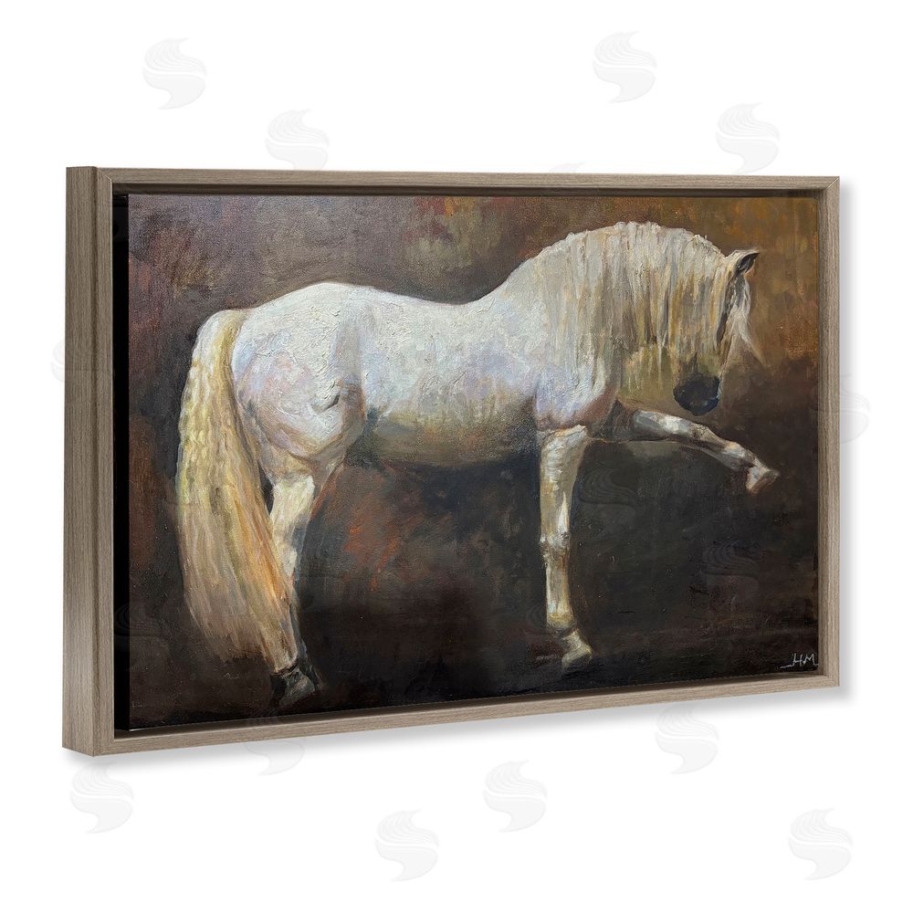 Hilary McCarthy Elegant White Stallion in Motion Brown Floating Framed Canvas Wall Art
