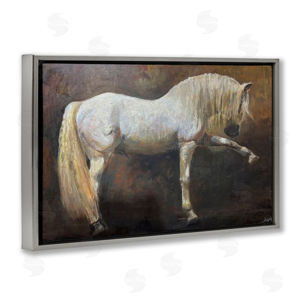 Hilary McCarthy Elegant White Stallion in Motion Gray Floating Framed Canvas Wall Art