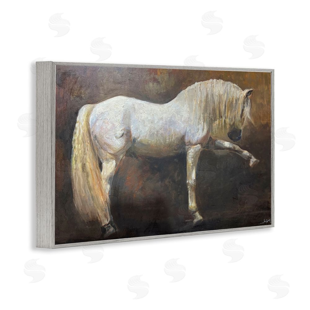 Hilary McCarthy Elegant White Stallion in Motion Gray Framed Giclee Wall Art
