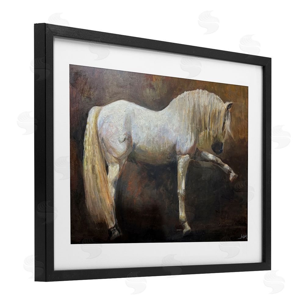 Hilary McCarthy Elegant White Stallion in Motion Black Framed Print Under Glass Wall Art