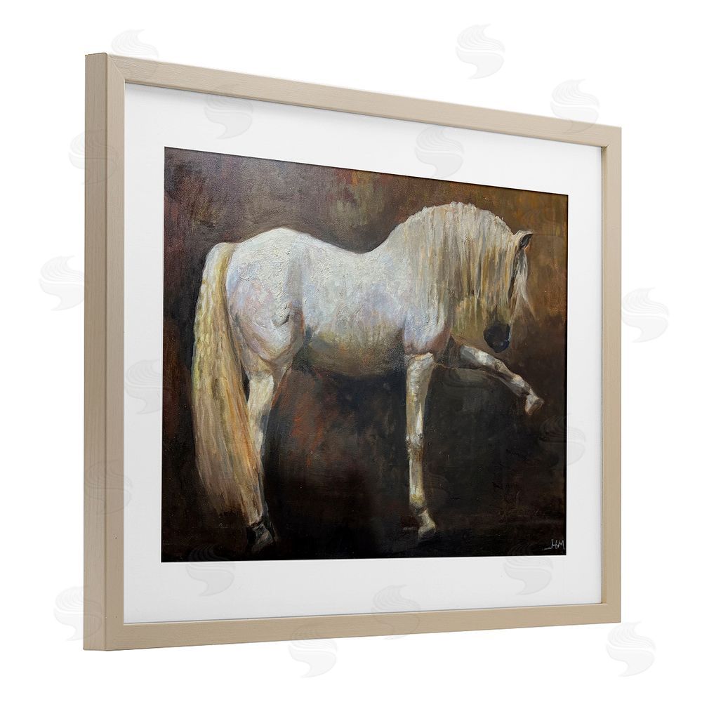 Hilary McCarthy Elegant White Stallion in Motion Brown Framed Print Under Glass Wall Art
