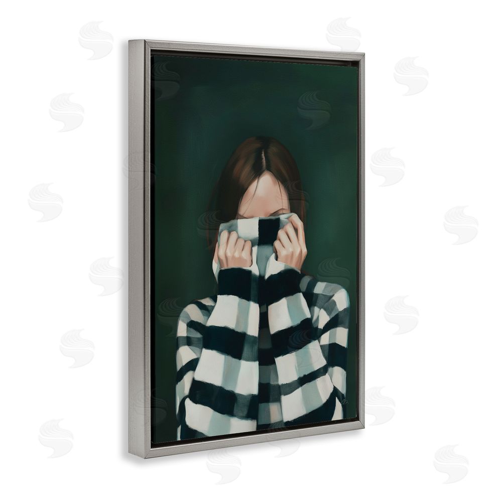Ros Ruseva Warmed Striped Sweater Portrait Gray Floating Framed Canvas Wall Art Print