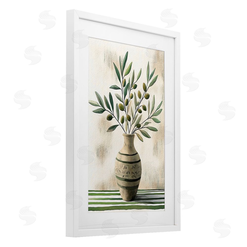 Creative Studio Vase of Olive Branches White Framed Print Under Glass with White Mat Wall Art