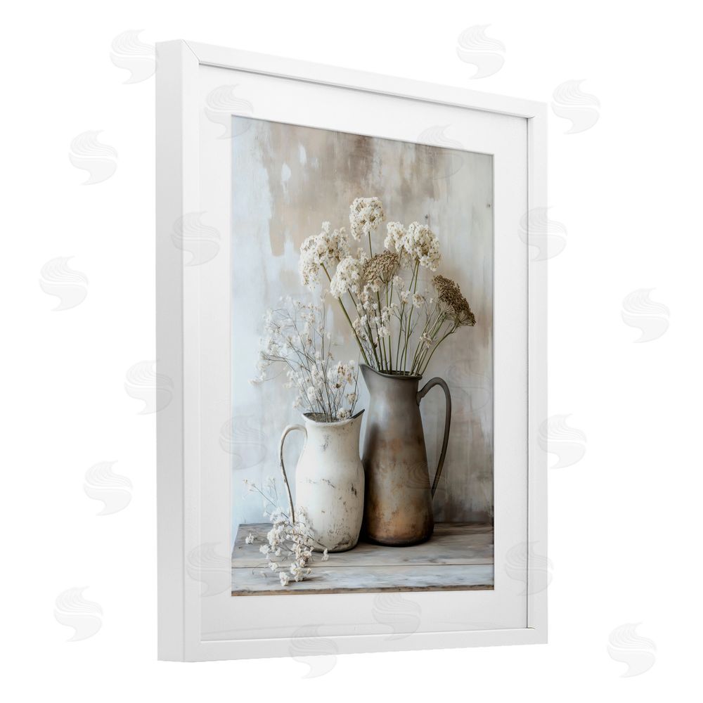 Creative Studio Rustic Flower Arrangement in Pitchers White Framed Print Under Glass Wall Art