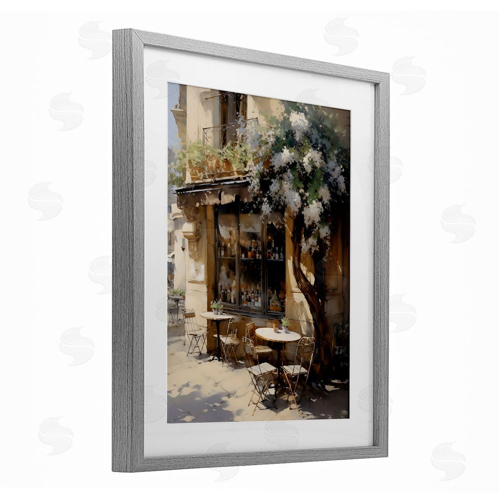 Creative Studio Sunlit French Cafe Terrace Gray Framed Print Under Glass with White Mat Wall Art