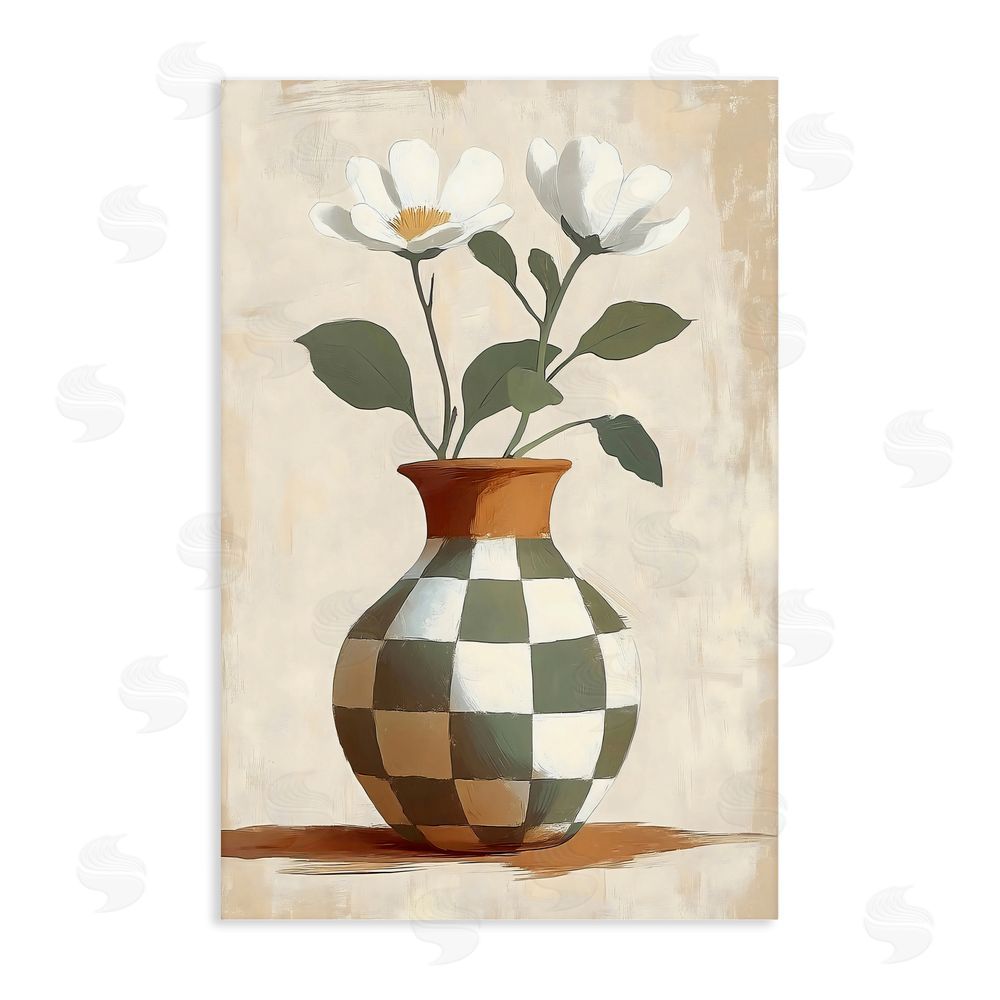 Creative Studio Checkboard Green Flower Vase Stretched Canvas Wall Art Print