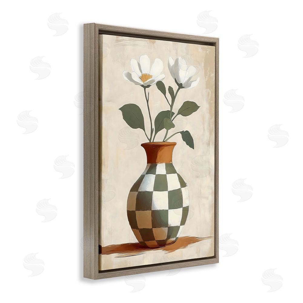 Creative Studio Checkboard Green Flower Vase Brown Floating Frame Stretched Canvas Wall Art Print