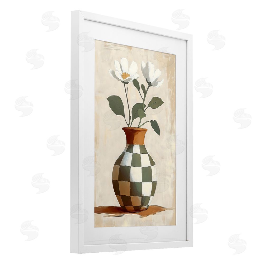 Creative Studio Checkboard Green Flower Vase White Framed Print Under Glass with Matting Wall Art