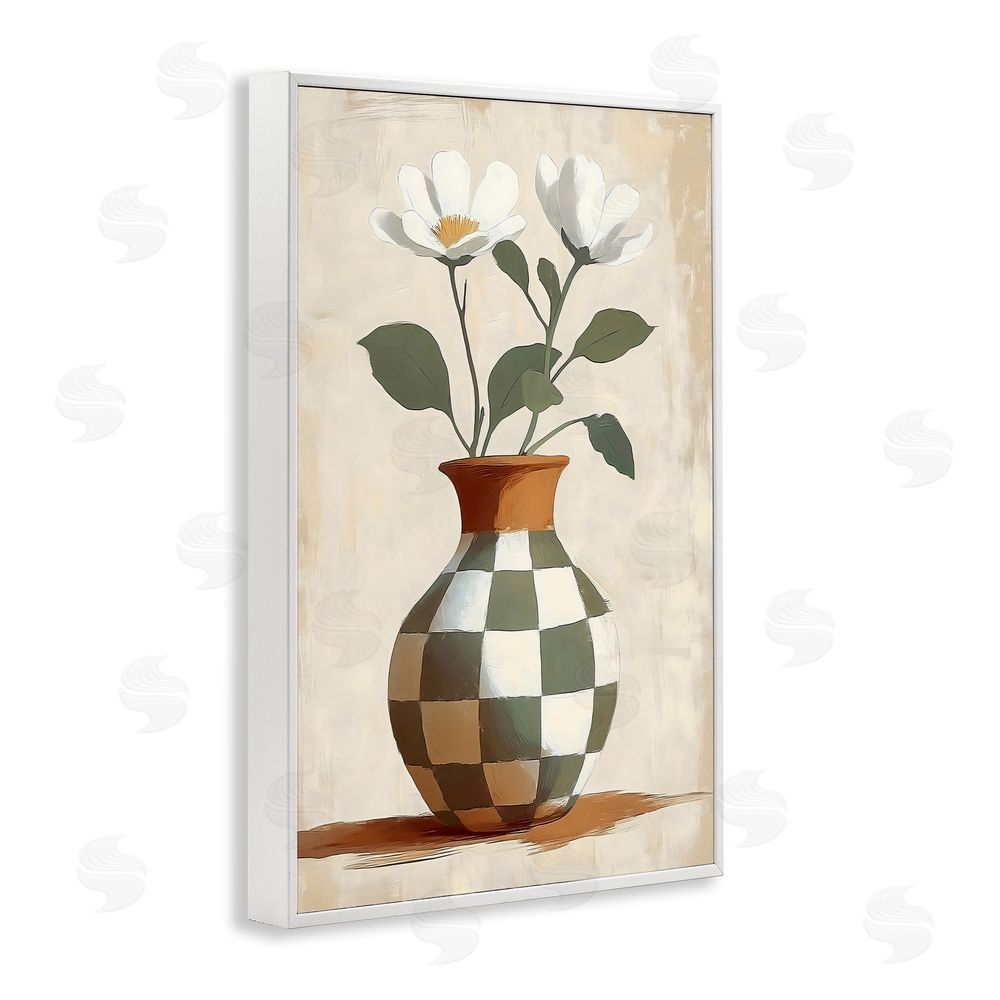 Creative Studio Checkboard Green Flower Vase White Framed Giclee Wall Art Print