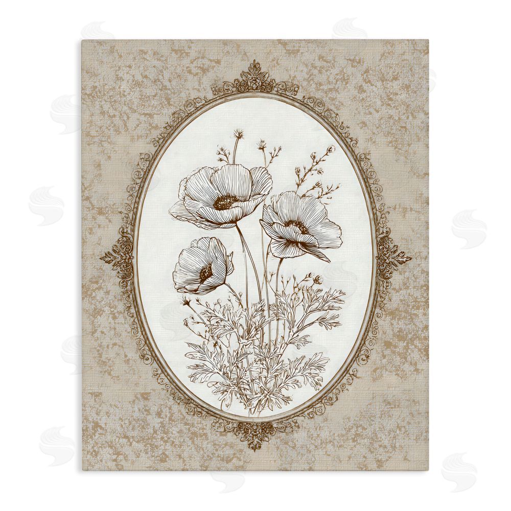 Ink Drop Loft Vintage Floral Sketch of Poppies Stretched Canvas Wall Art Print