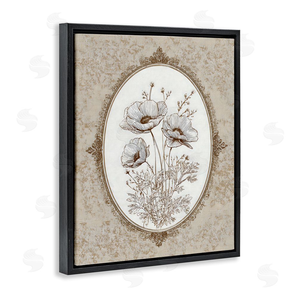 Ink Drop Loft Vintage Floral Sketch of Poppies Black Floating Framed Canvas Wall Art Print