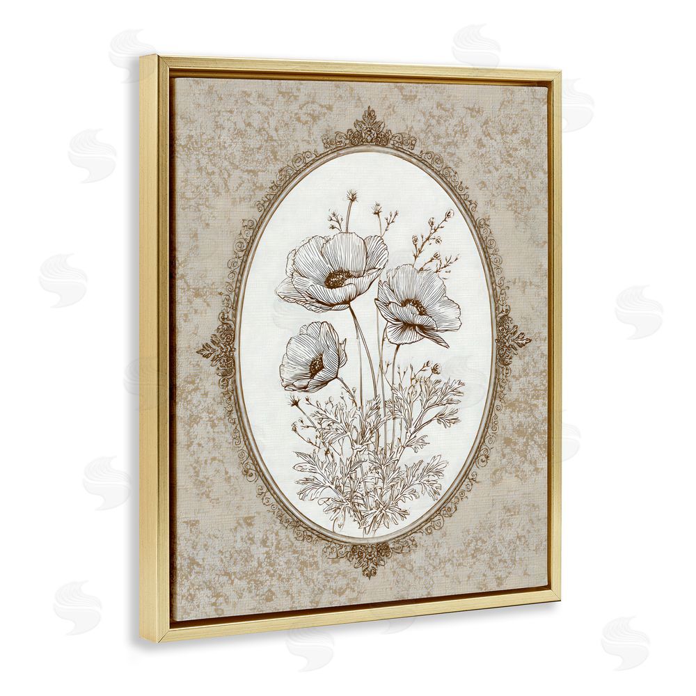 Ink Drop Loft Vintage Floral Sketch of Poppies Gold Floating Framed Canvas Wall Art Print