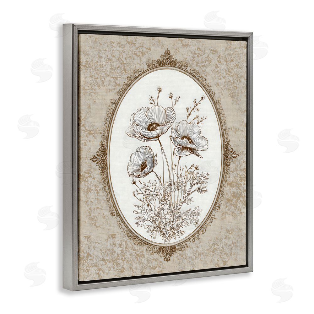 Ink Drop Loft Vintage Floral Sketch of Poppies Gray Floating Framed Canvas Wall Art Print