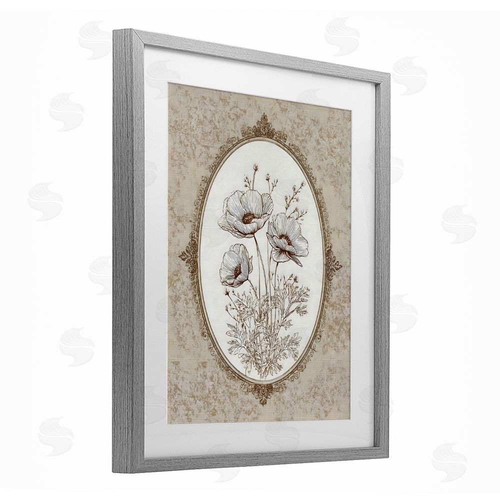Ink Drop Loft Vintage Floral Sketch of Poppies Gray Framed Print Under Glass with White Mat Wall Art