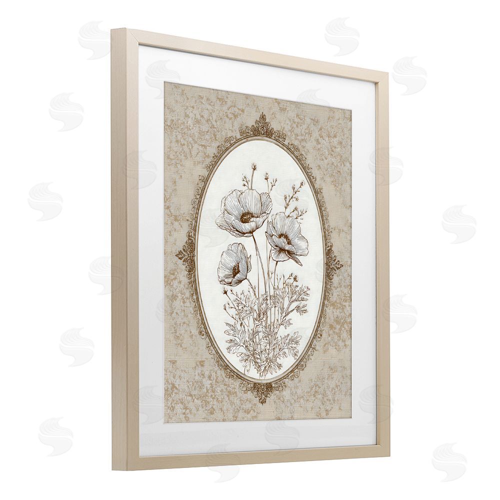 Ink Drop Loft Vintage Floral Sketch of Poppies Brown Framed Print Under Glass with White Mat Wall Art