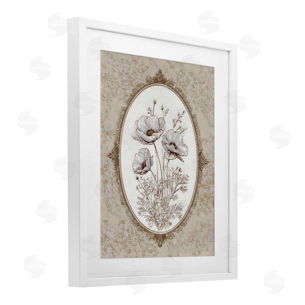 Ink Drop Loft Vintage Floral Sketch of Poppies White Framed Print Under Glass with White Mat Wall Art