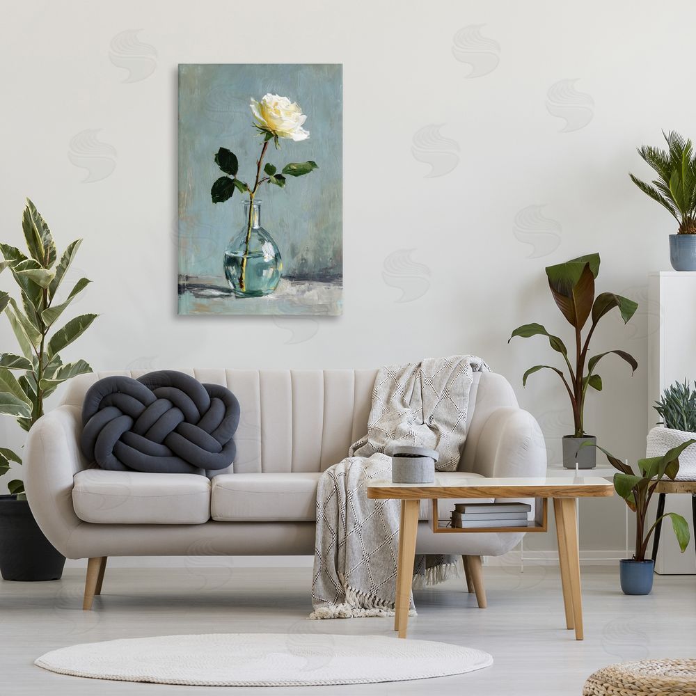 Petal Prints Design Sweet White Rose in Vase Stretched Canvas on Wall