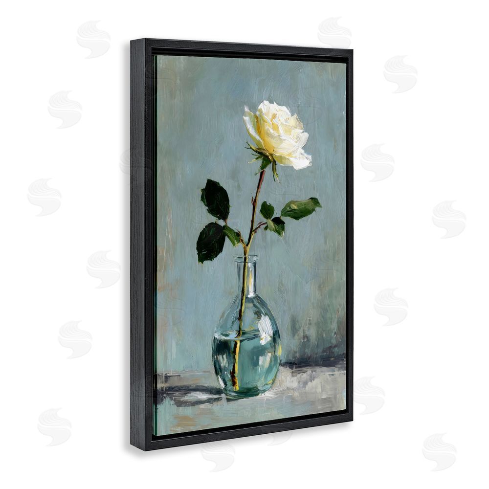 Petal Prints Design Sweet White Rose in Vase Black Floating Framed Canvas Wall Art Print