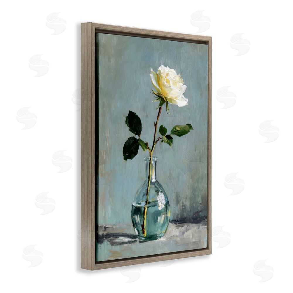 Petal Prints Design Sweet White Rose in Vase Brown Floating Framed Canvas Wall Art Print