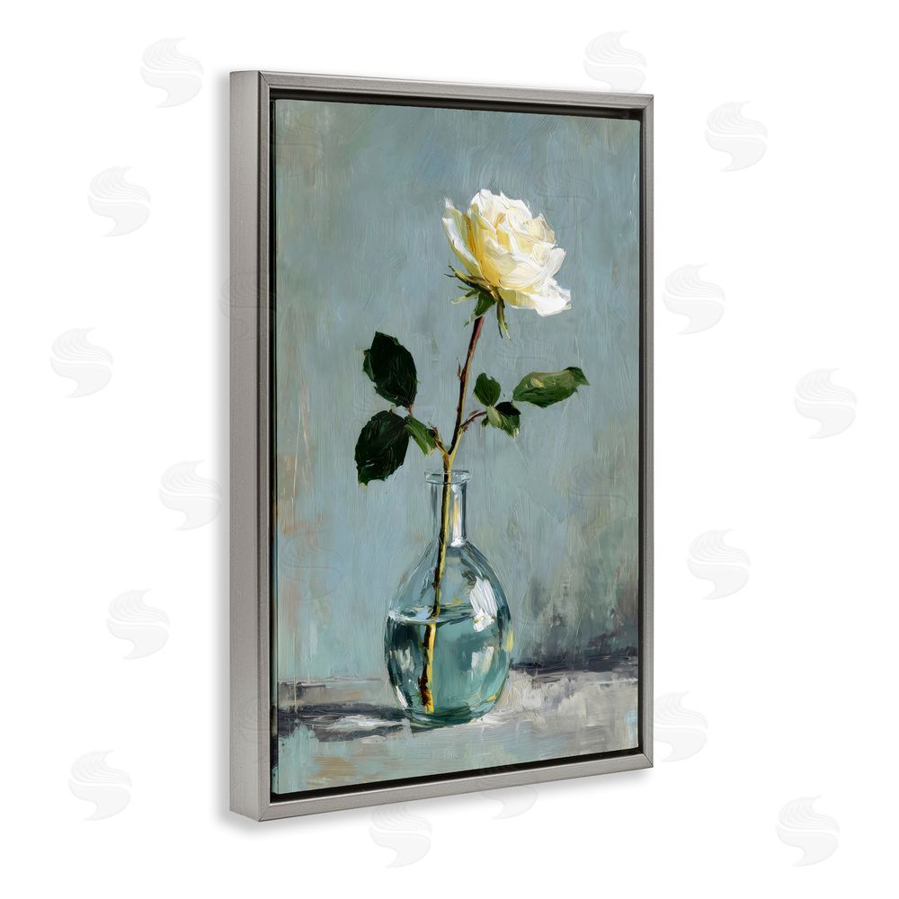 Petal Prints Design Sweet White Rose in Vase Gray Floating Framed Canvas Wall Art Print