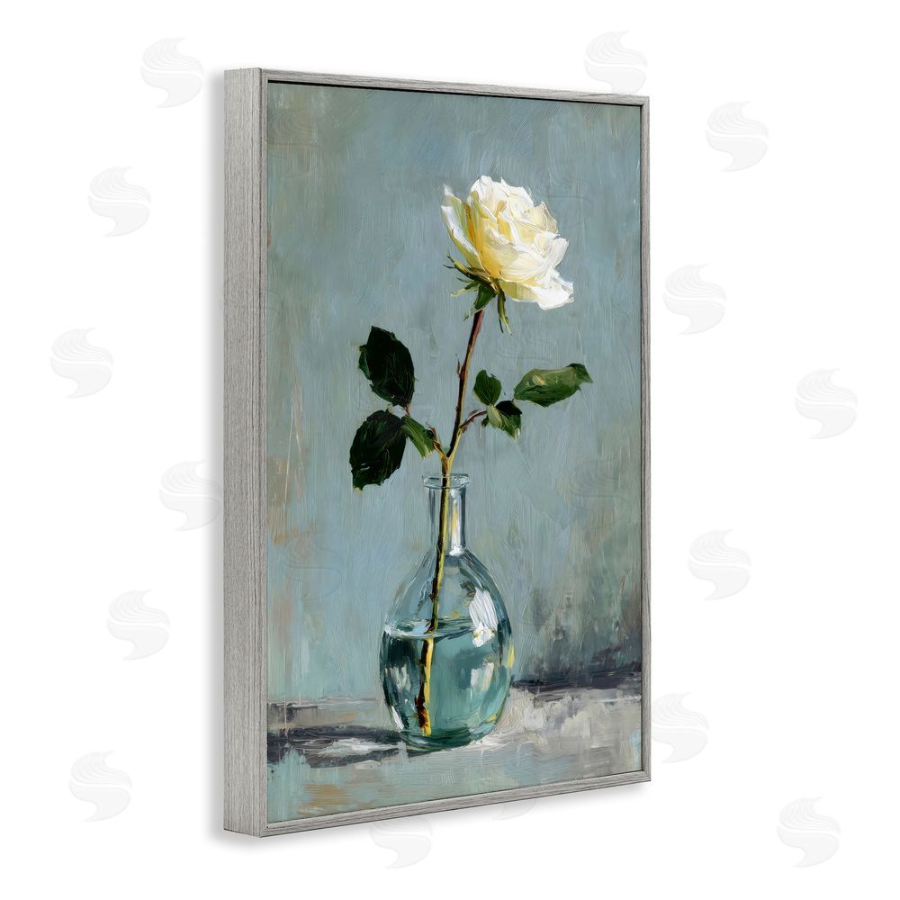 Petal Prints Design Sweet White Rose in Vase Gray Framed Giclee Wall Art Print