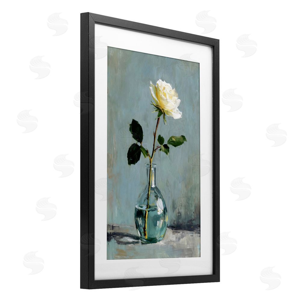 Petal Prints Design Sweet White Rose in Vase Black Framed Print Under Glass with White Mat Wall Art