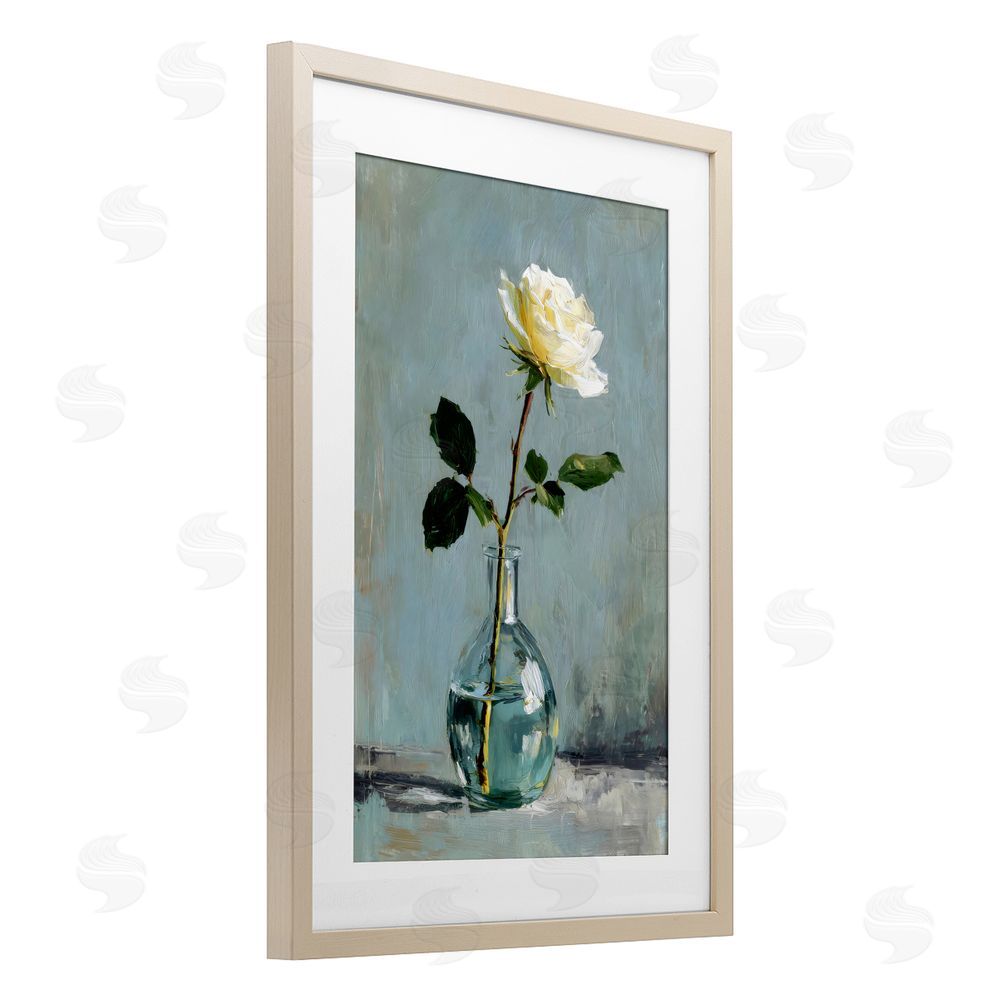 Petal Prints Design Sweet White Rose in Vase Brown Framed Print Under Glass with White Mat Wall Art