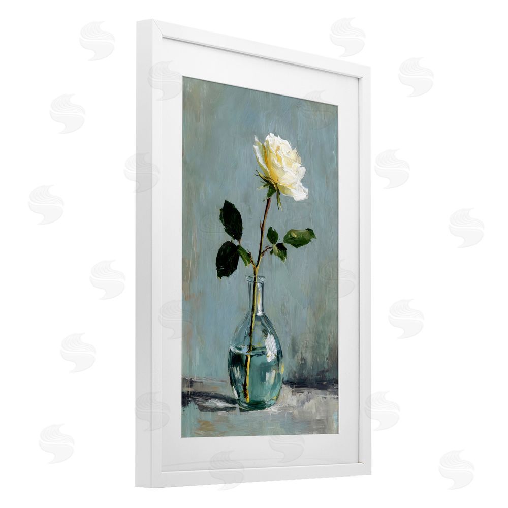 Petal Prints Design Sweet White Rose in Vase White Framed Print Under Glass with White Mat Wall Art