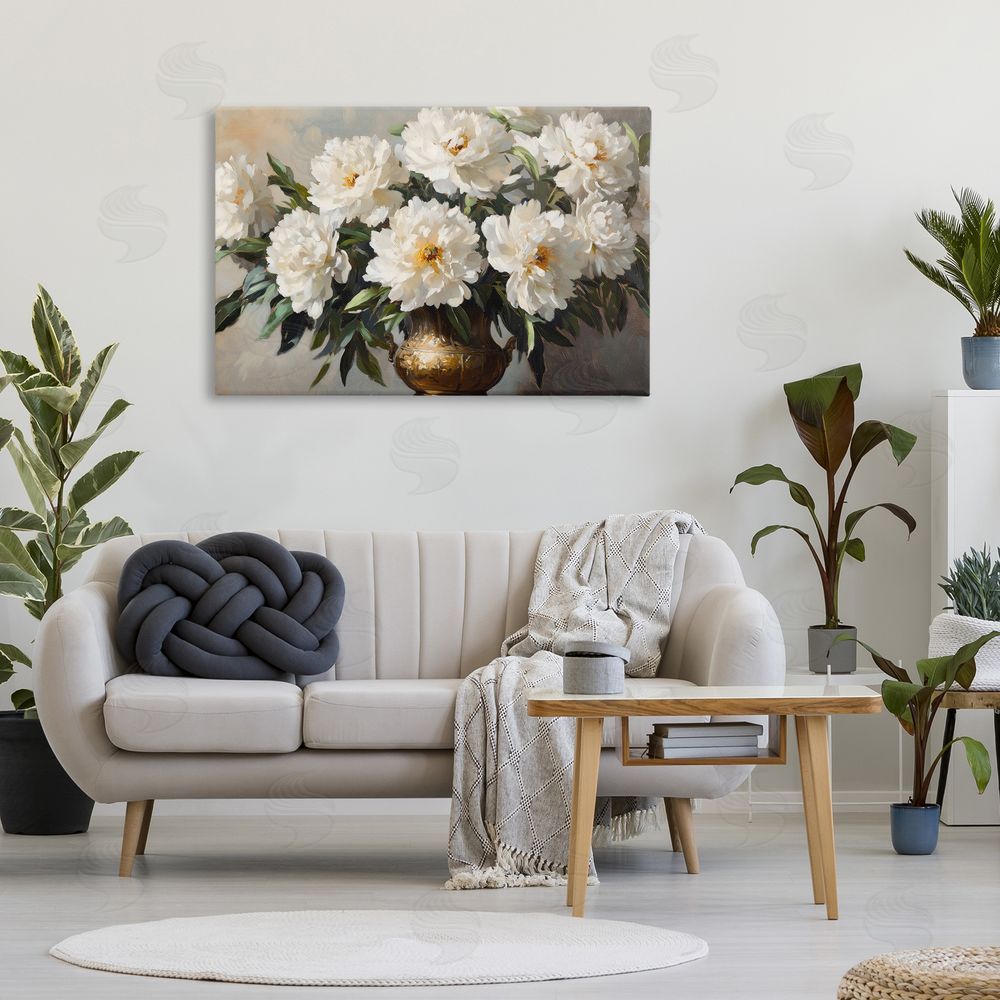 Petal Prints Design Golden Vase with Peonies Stretched Canvas Wall Art in Room