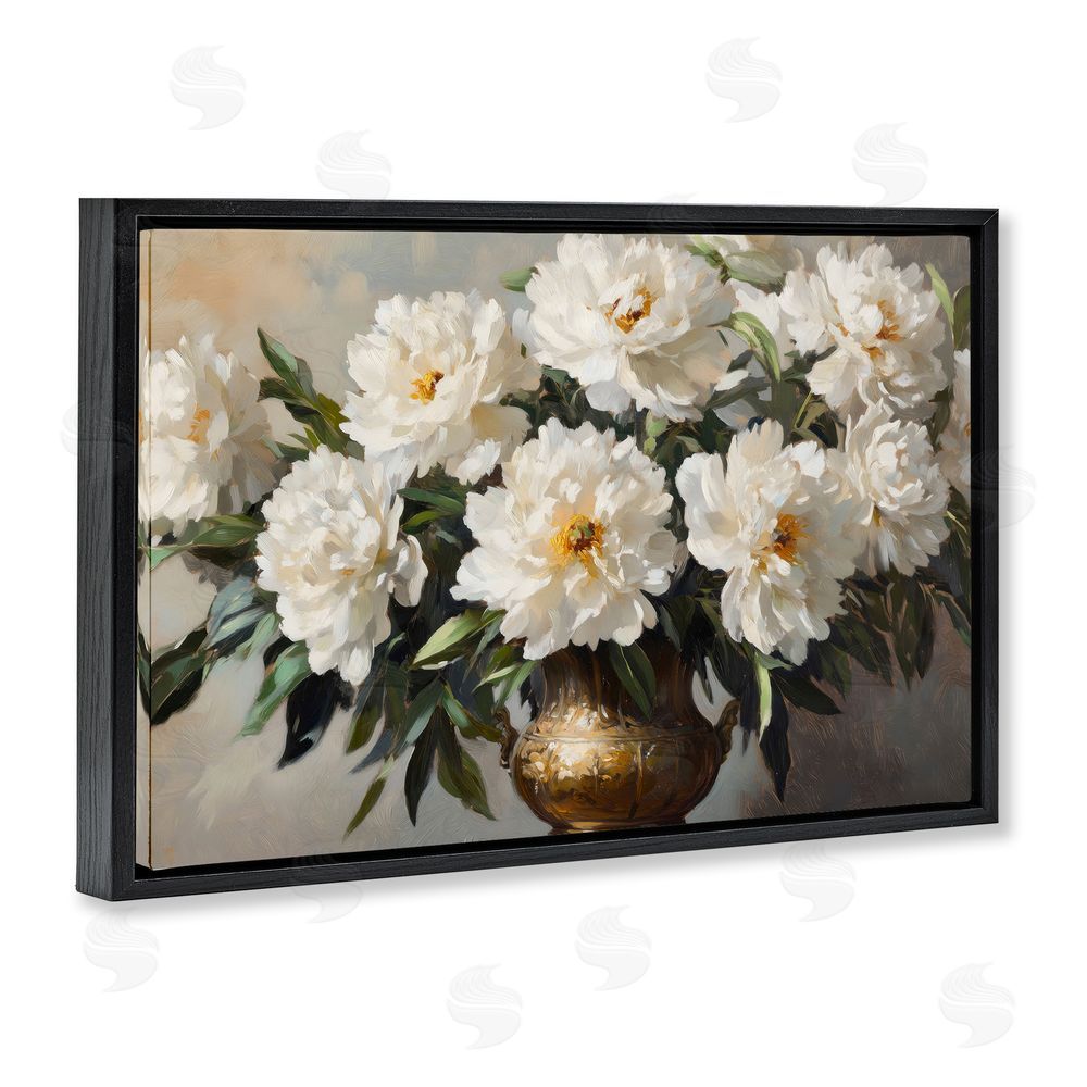 Petal Prints Design Golden Vase with Peonies Black Floating Framed Canvas Wall Art
