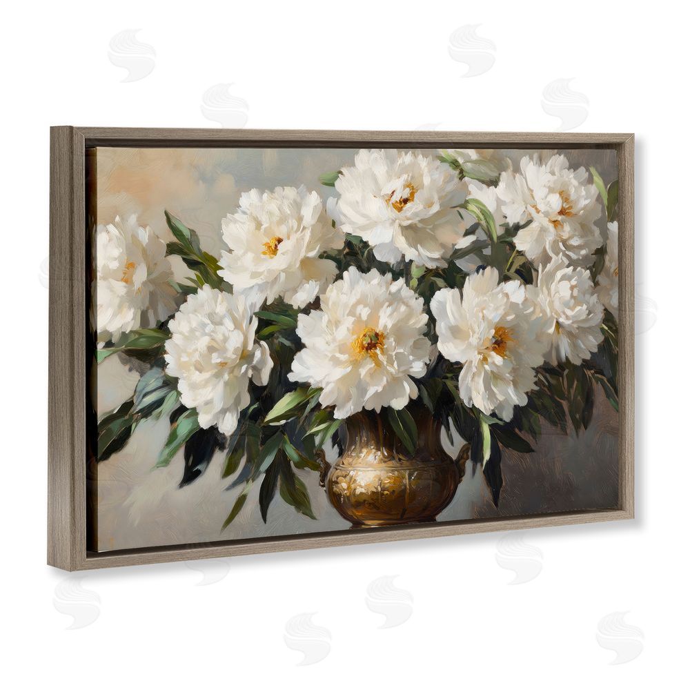 Petal Prints Design Golden Vase with Peonies Brown Floating Framed Canvas Wall Art