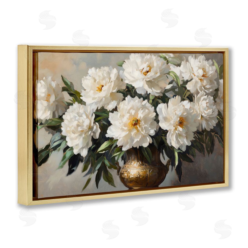 Petal Prints Design Golden Vase with Peonies Gold Floating Framed Canvas Wall Art